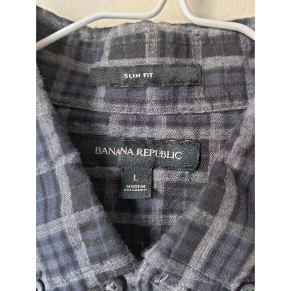 Banana‎ Republic Flannel Slim Fit Shirt Button Up Blue/Gray/Black Plaid Mens Lg